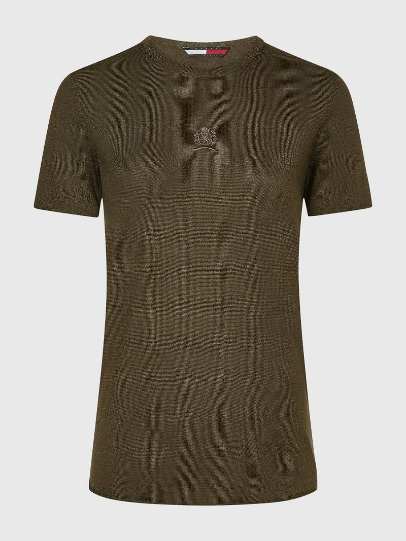 Női Tommy Hilfiger Crest Wool And Silk Tee Póló Olivazöld | HU 432VRW